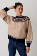 Crew Neck Drop Shoulder Nordic Pattern Sweater Oatmeal-Multi