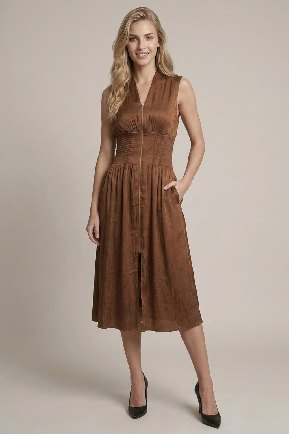Satin Smocked Bodice Zipper Midi Dress Cocoa Brown