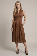 Satin Smocked Bodice Zipper Midi Dress Cocoa Brown