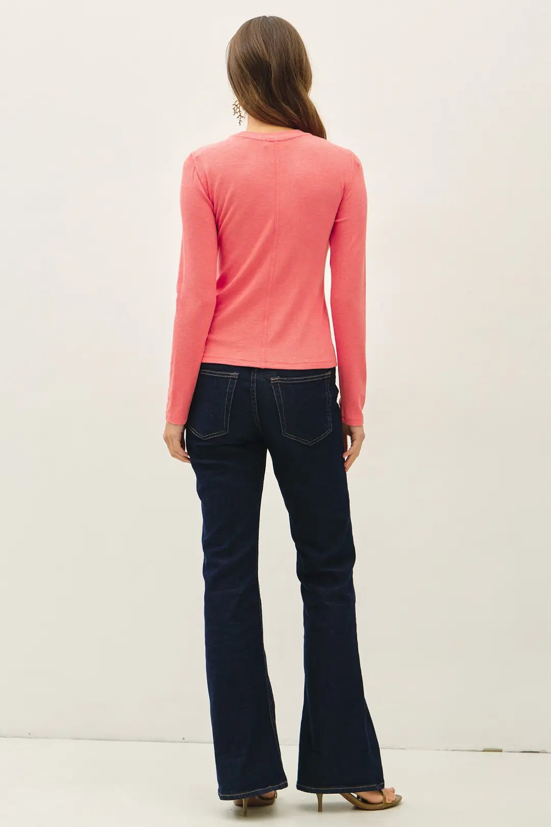Ribbed Crew Neck Long Sleeve Basic Top Coral
