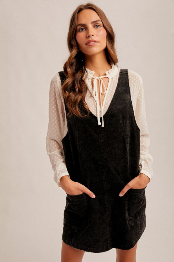 Snow Wash Corduroy Pinafore Overall Dress Black