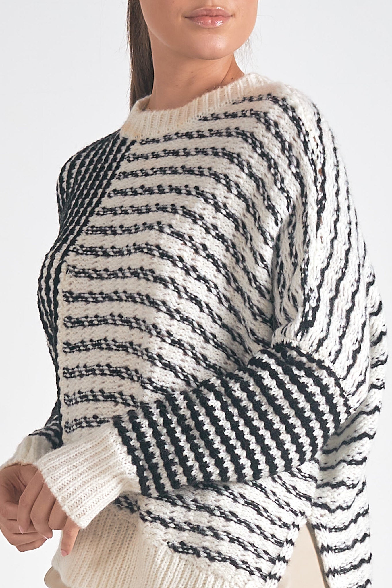 Contrast Mix Stripe Chunky Knit Asymmetric Sweater Black + White