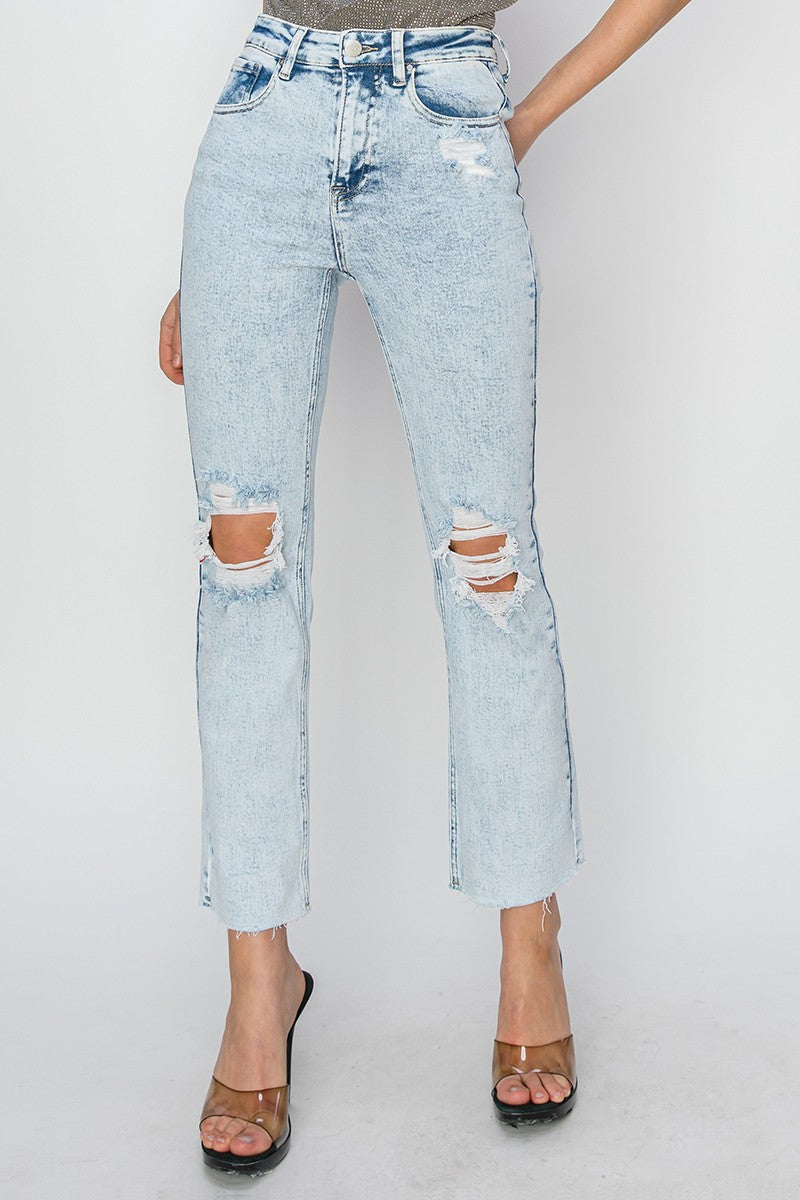 High Rise Distressed Knee Ankle Jeans Acid Light