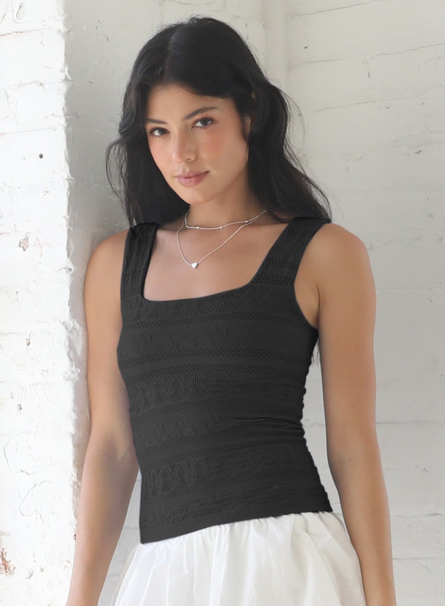 Chevron Stripe Lace Texture Square Neck Tank Black