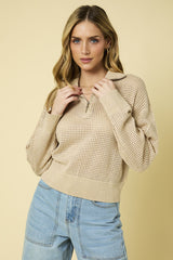 Open Knit Mock Neck Zip Up Sweater Top Oatmeal