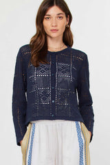 Open Knit Crew Neck Button Down Cardigan Denim Navy