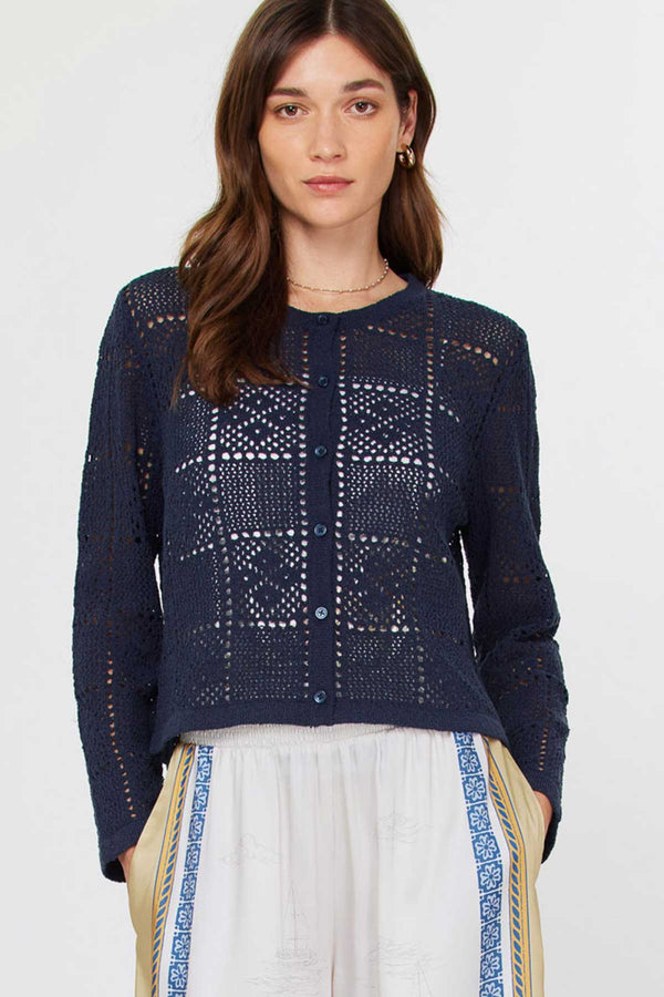 Open Knit Crew Neck Button Down Cardigan Denim Navy