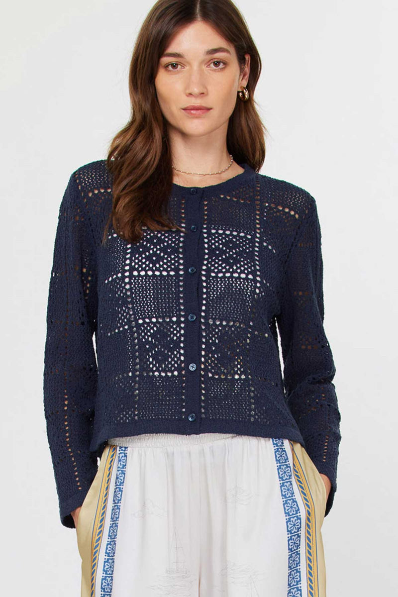 Open Knit Crew Neck Button Down Cardigan Denim Navy