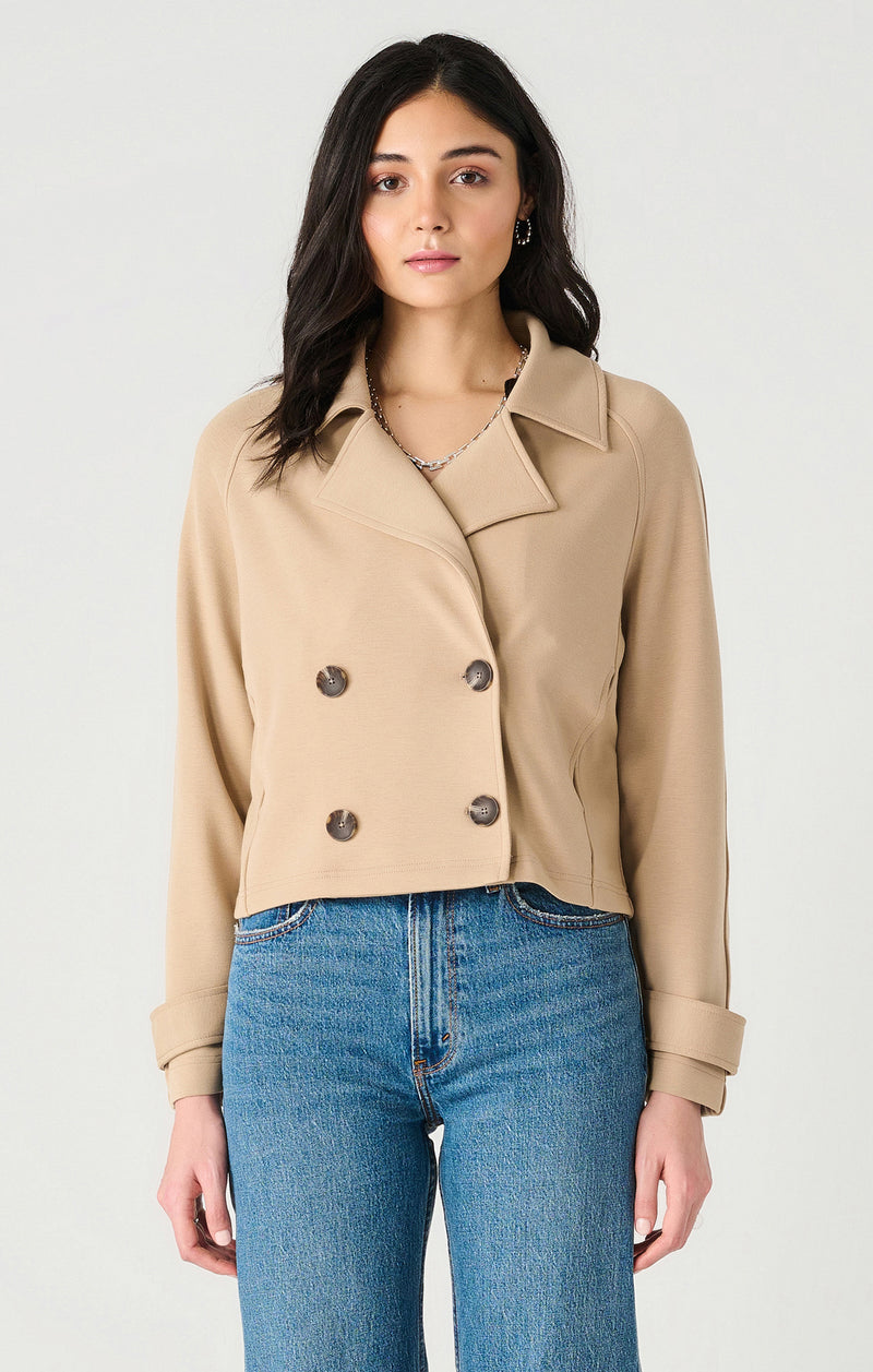 Double Breasted Short Knit Trench Jacket Tan