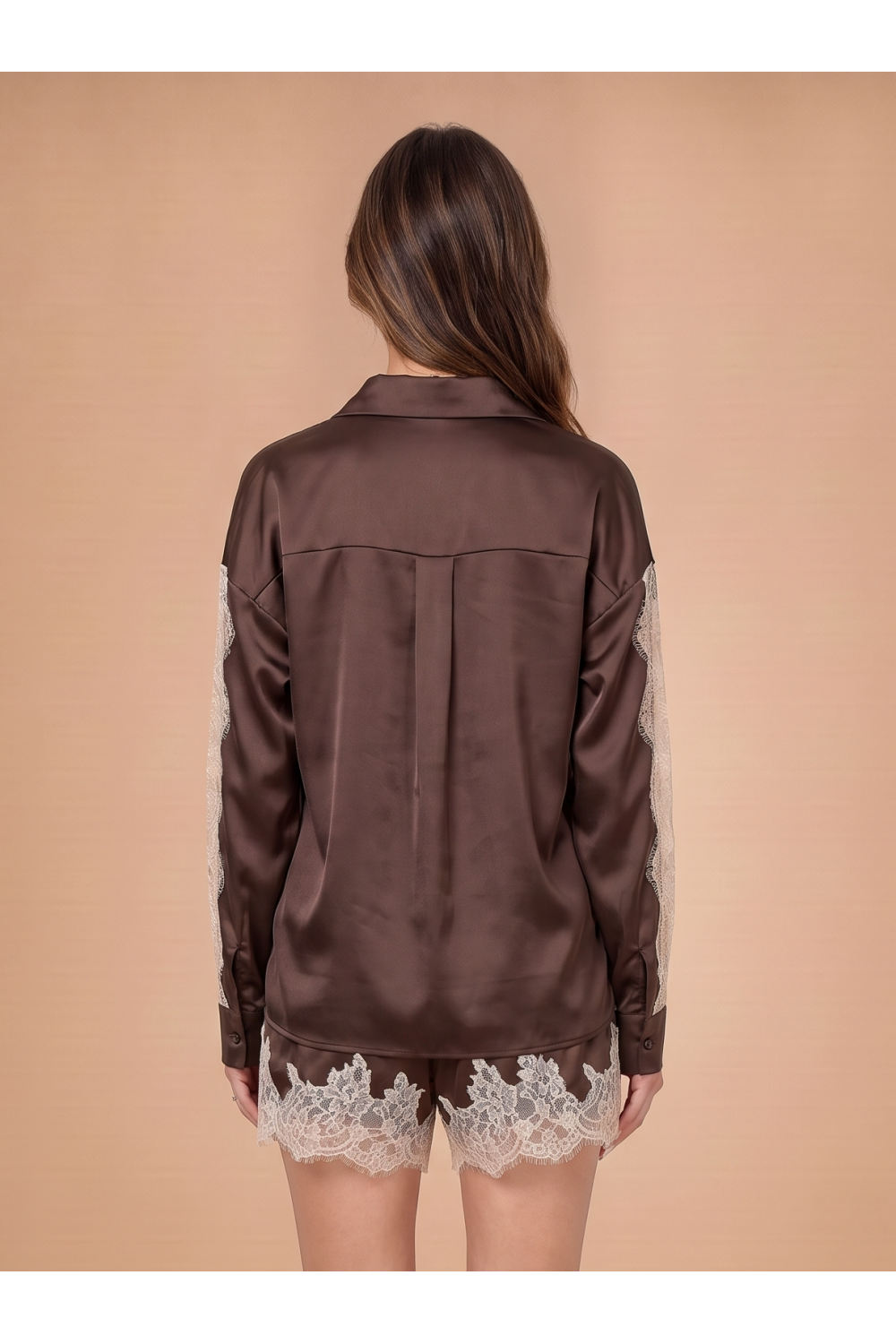 Scallop Edge Lace Trim Button Down Shirt & Shorts Chocolate