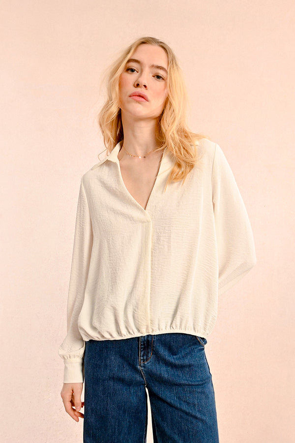 Crinkle Chiffon Collared Surplice Blouse Off White