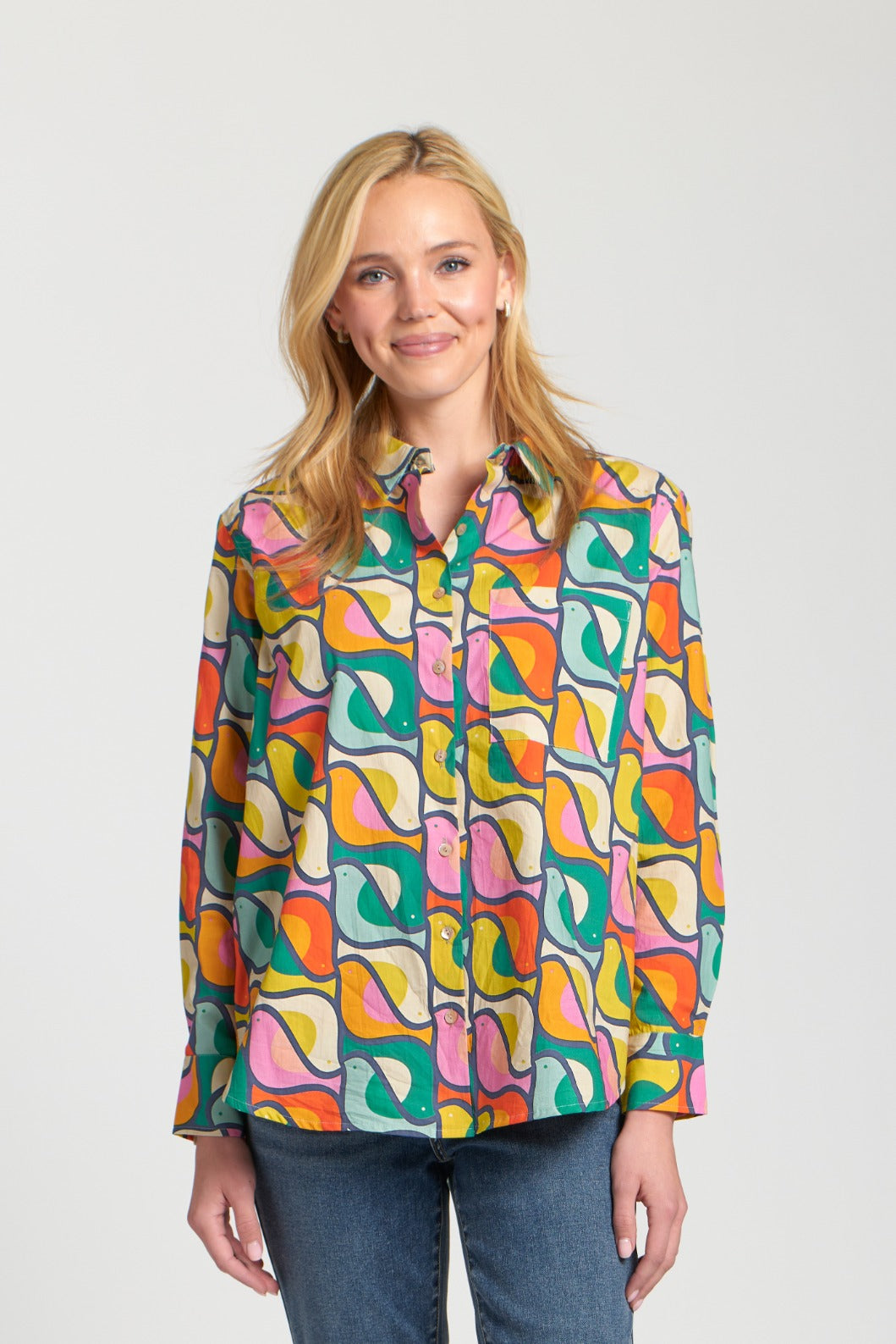 Printed Boyfriend Button Up Shirt Emerald Green Multi Birds