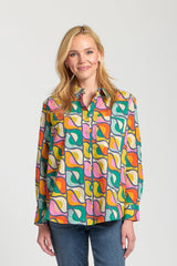 Printed Boyfriend Button Up Shirt Emerald Green Multi Birds
