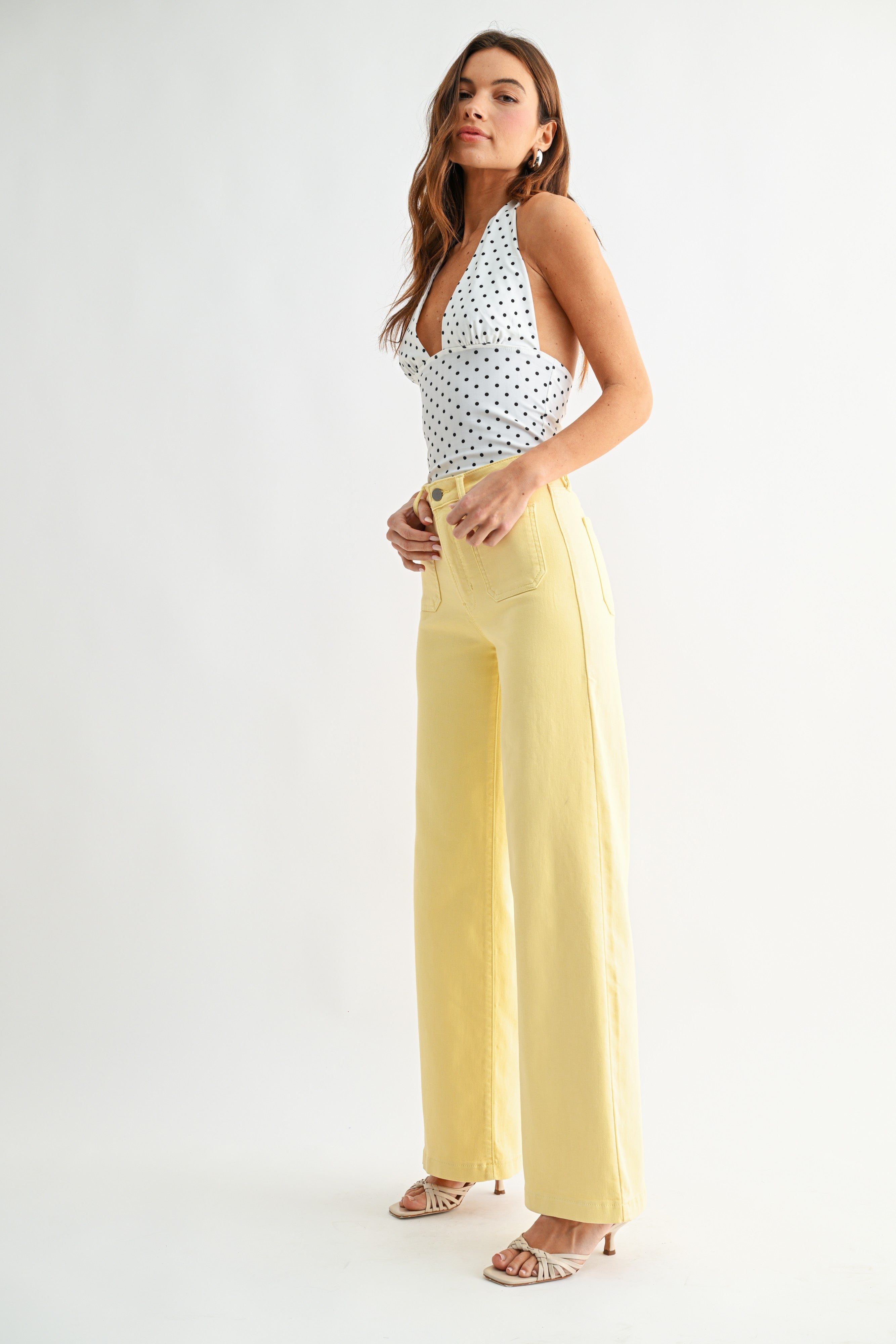 Mini Patch Pocket Wide Hem Flare Jeans Sunshine