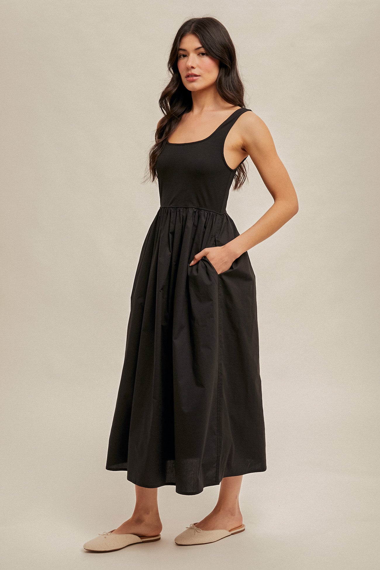 Mix Media Scoop Neck Midi Dress Black