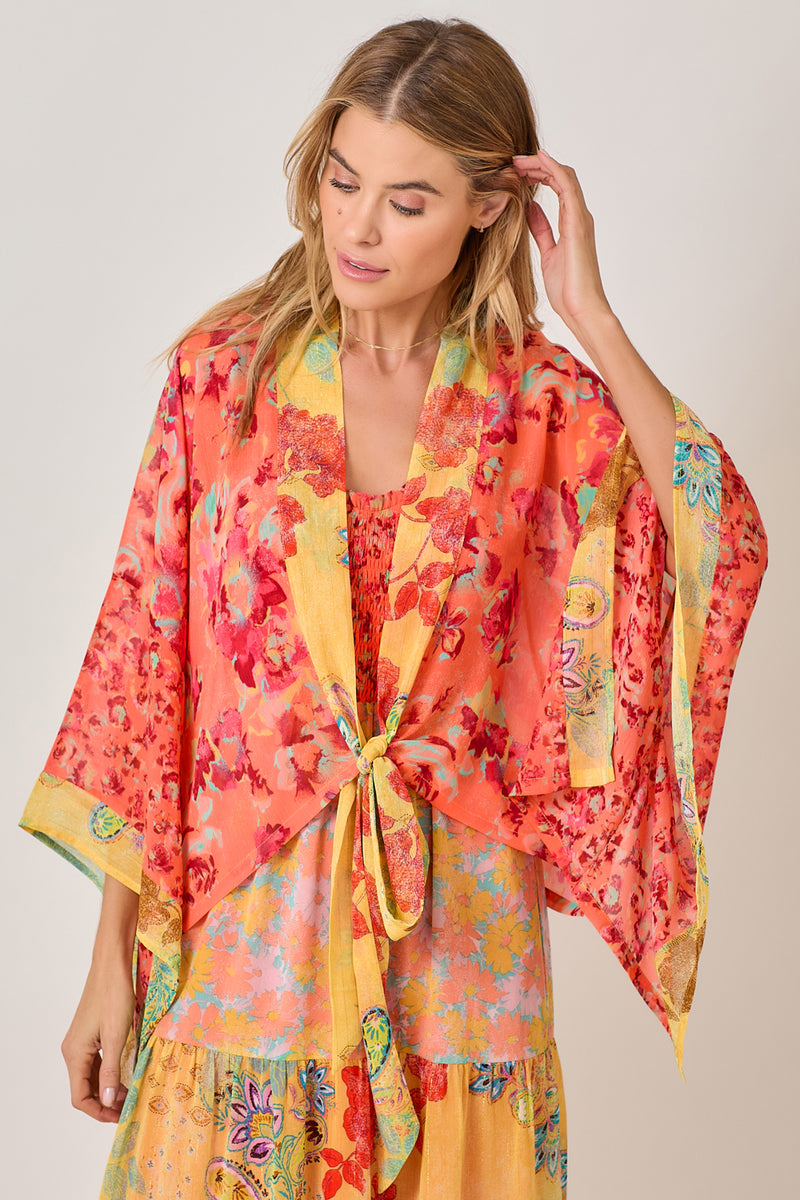 Contrast Border Print Floral Kimono Tomato Mix
