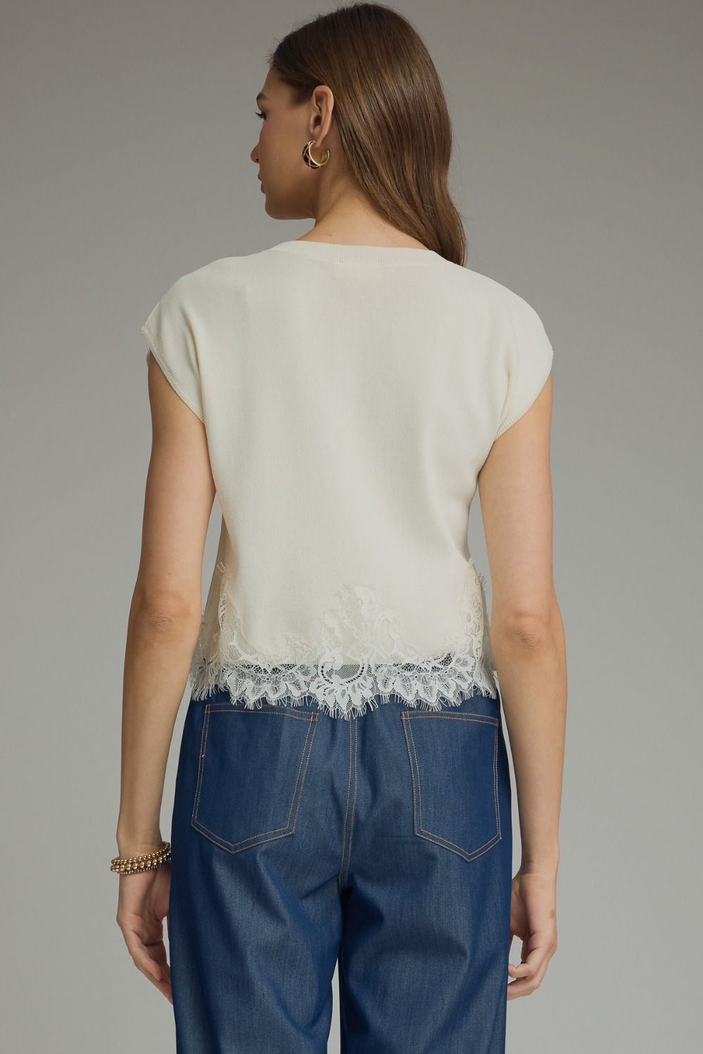 Cap Sleeve Knit Lace Hem Top Cream