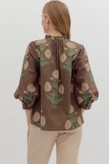 Floral Print 3/4 Cuff Bubble Sleeve Pullover Top Brown