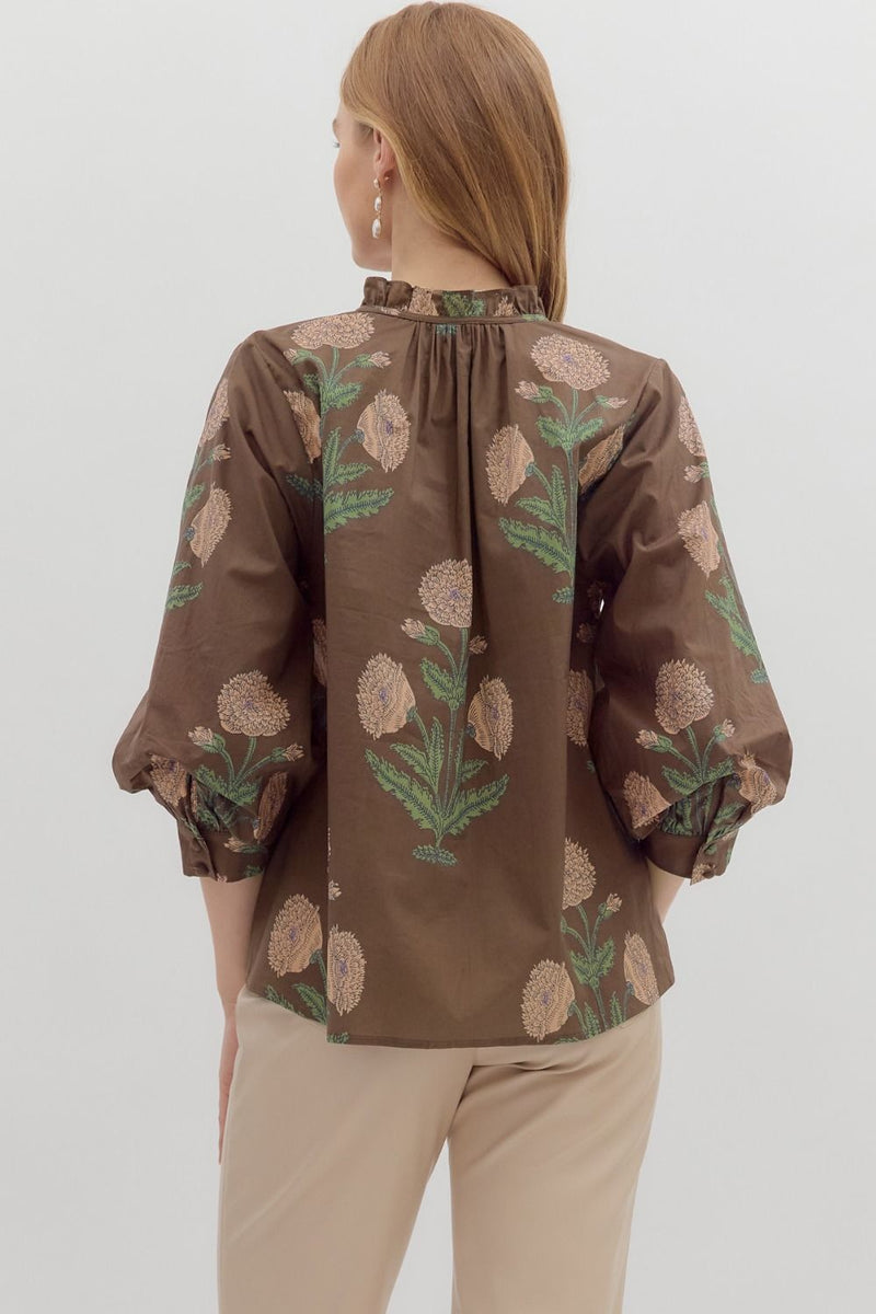 Floral Print 3/4 Cuff Bubble Sleeve Pullover Top Brown