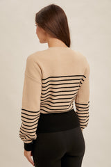 Button Bottom Stripe Detail Sweater Taupe + Black