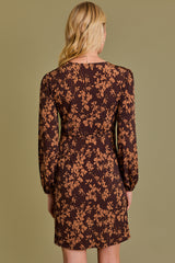 Shirred Floral Long Sleeve Surplice Dress Brown Floral
