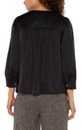 Long Sleeve Pleated Neck Woven Blouse Black