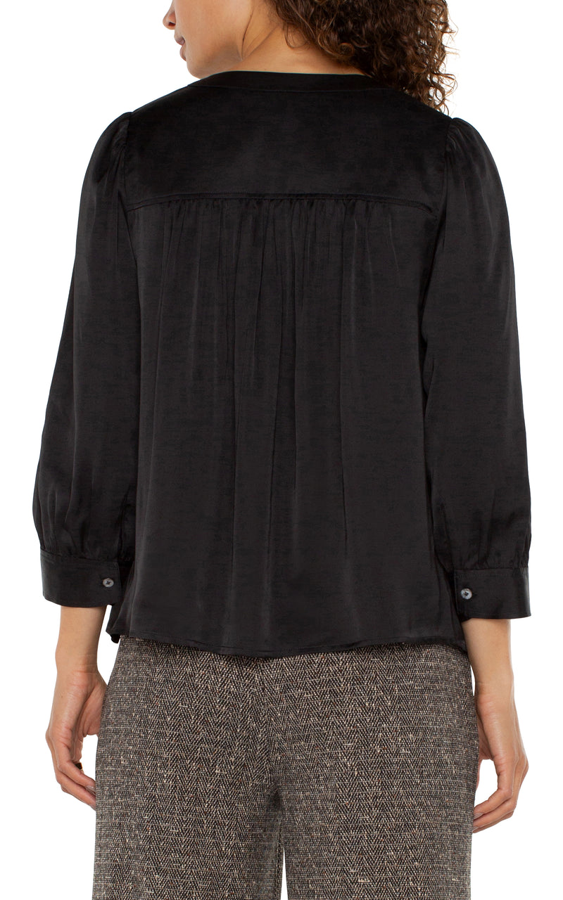 Long Sleeve Pleated Neck Woven Blouse Black