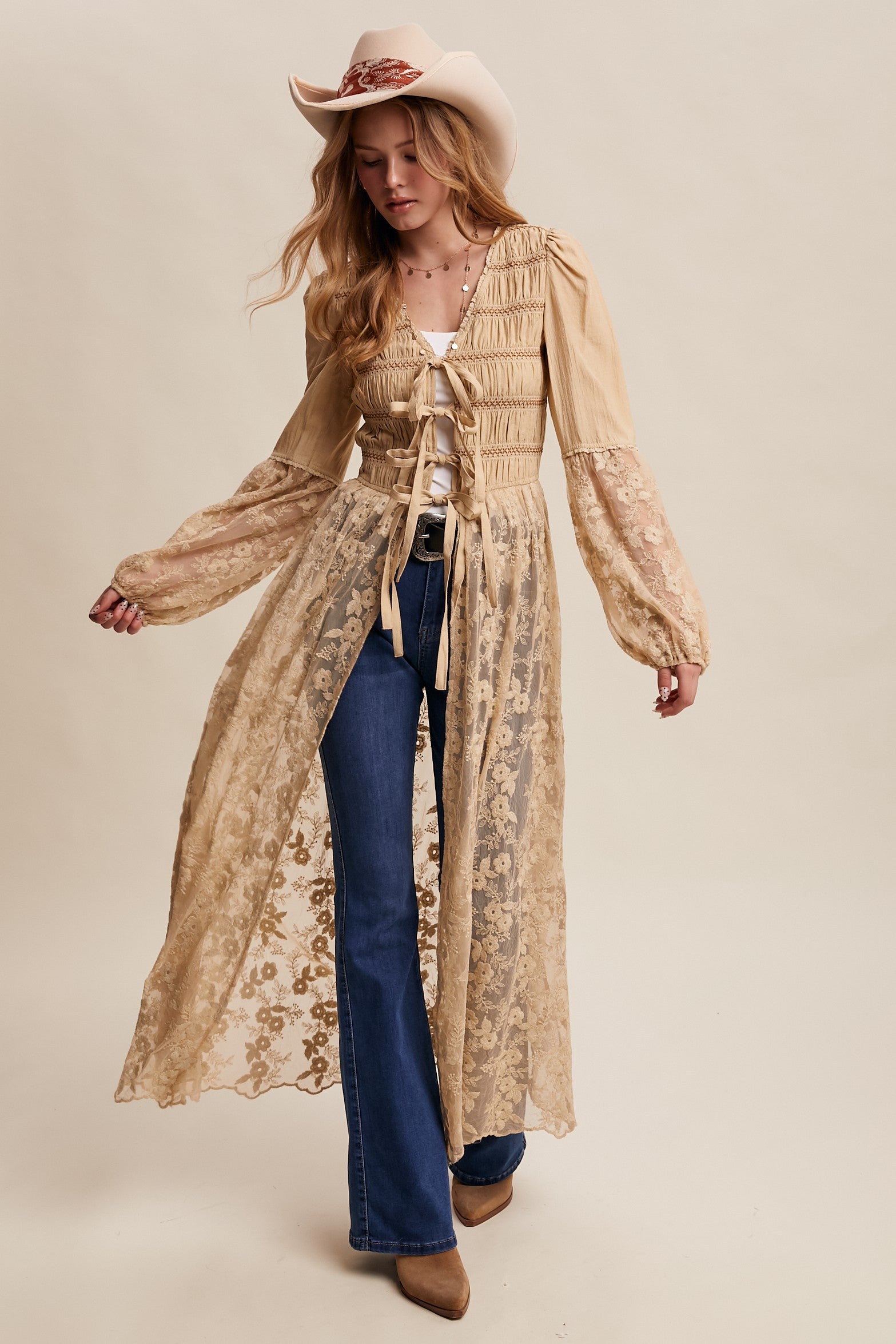 Lace-Up Embroidered Maxi Kimono Taupe