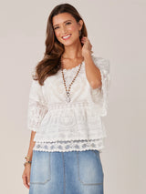 3/4 Bell Sleeve Double Flounce Peplum Emb. Top White