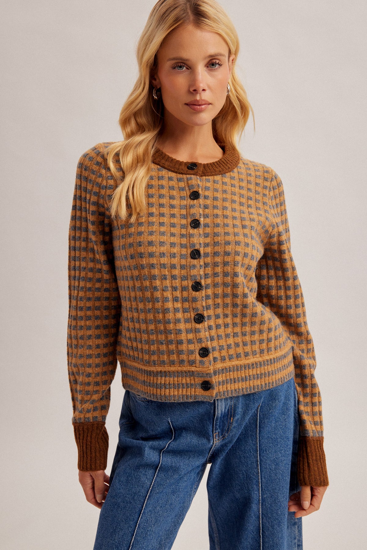 Colorblock Mini Check Motif Cardigan - Caramel + Charcoal