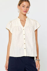 Raw Frayed Textured Button Down Blouse White