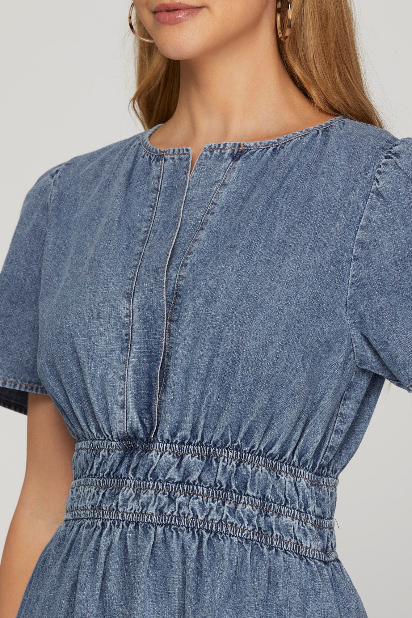 Short Sleeve Washed Denim Smocked Waist Mini Dress Denim Blue