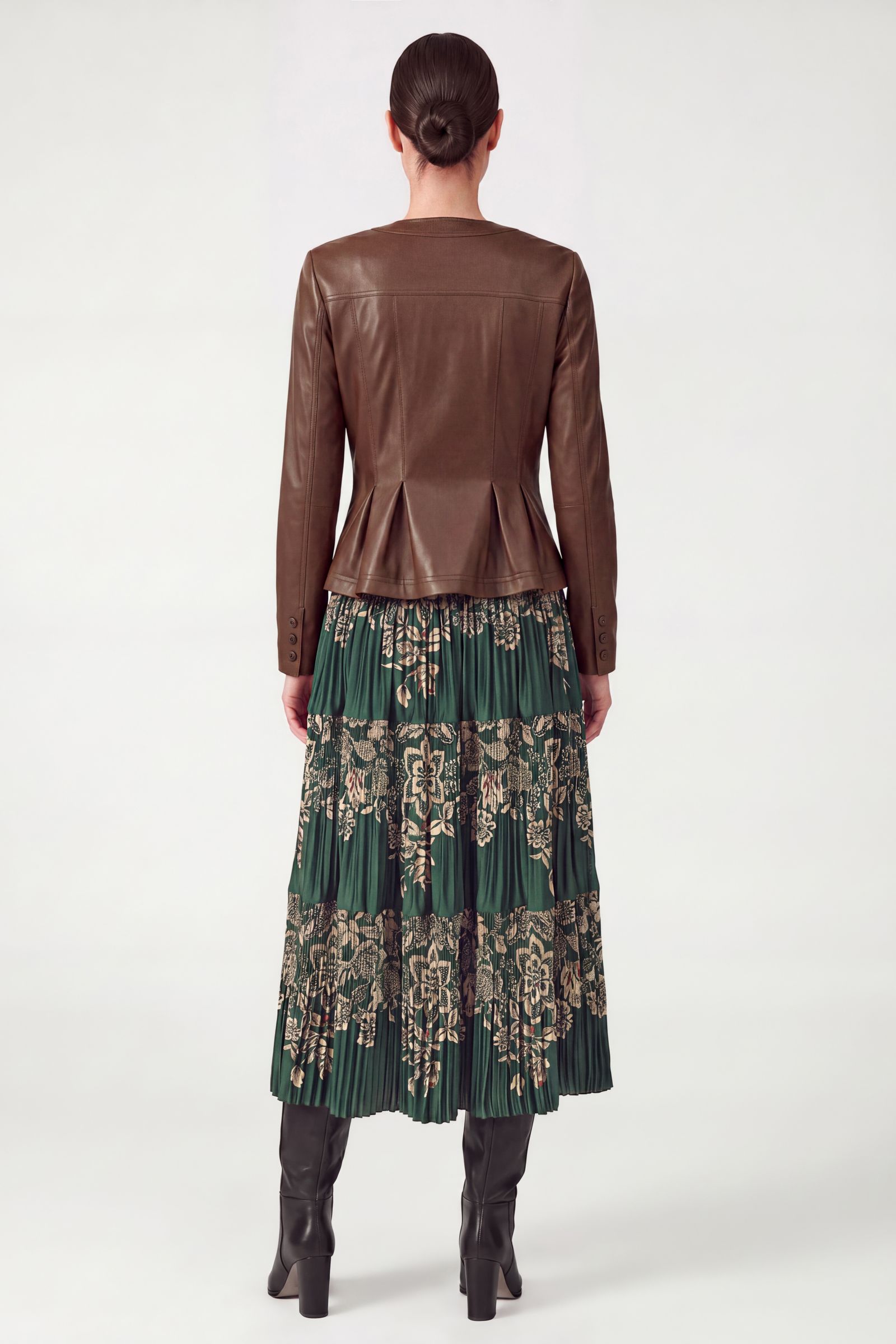 Leather Pleated Peplum Jacket Brown
