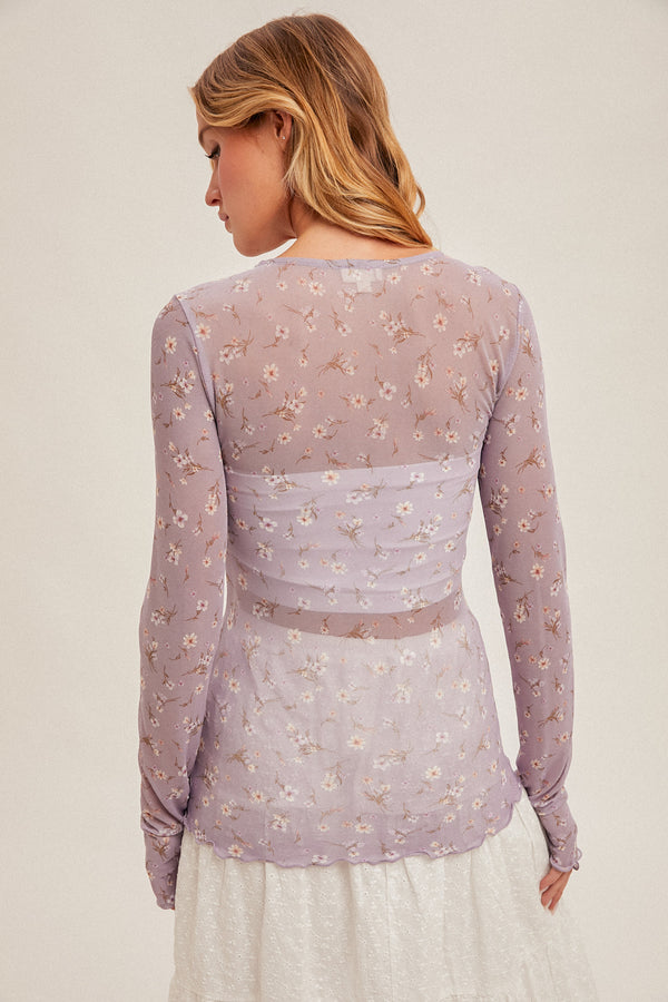 Ditsy Floral Mesh Cabbage Hem Layering Top Lavender