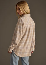 Button Up Plaid Shirt Tan, Mauve + White