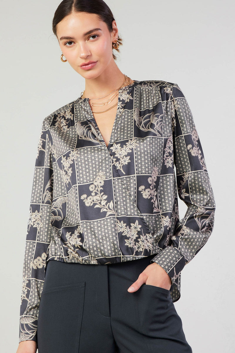 Floral Mix Square Tiles Surplice Blouse Black Taupe Multi