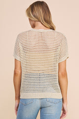 Open Weave Foil Knit Crochet Short Sleeve Cream Gold