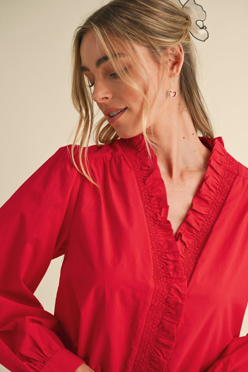 Ruffled Smock Vneck Blouse Red