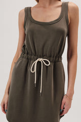 Scoop Neck Sleeveless Drawstring Waist Mini Dress Olive