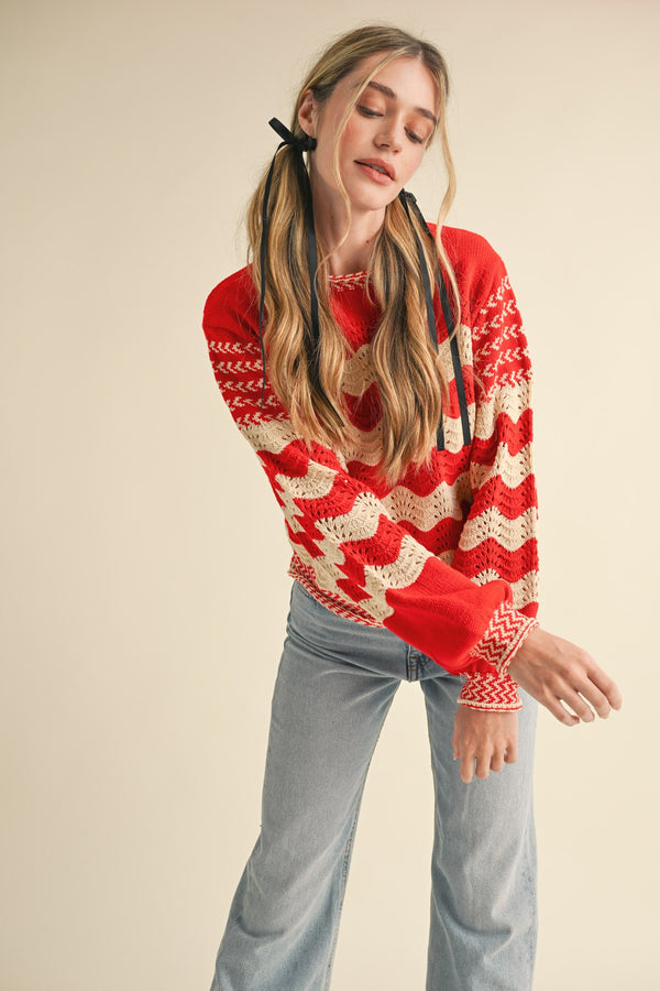 Wavy Stripe Puff Sleeve Sweater Red Beige