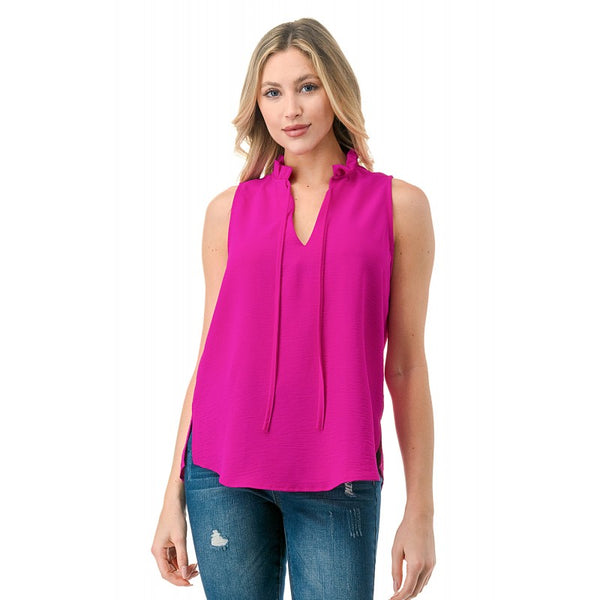 Crinkle Split Tie Neck Sleeveless Top Hot Pink