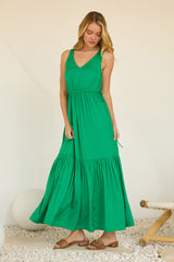 Tied Sides Ruffle Skirt Sleeveless Gathered Waist Maxi Dress Green