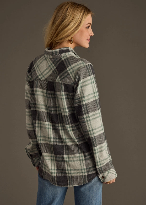 Button Up Plaid Shirt Charcoal + Green