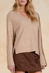 Frayed Sleeve Detail Split Hem Sweater Stone