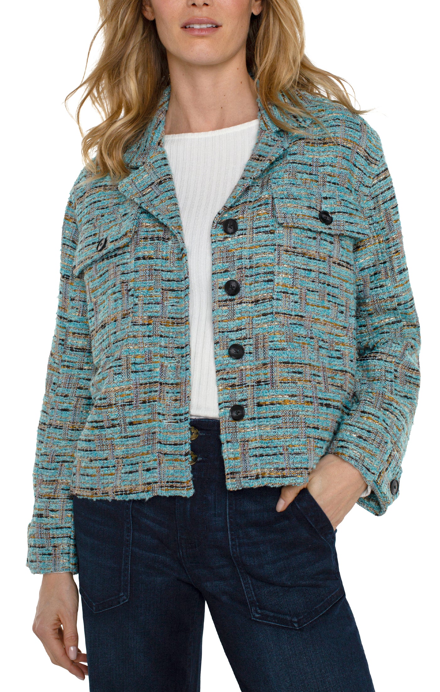 Button Front Boxy Shacket Ocean Boucle