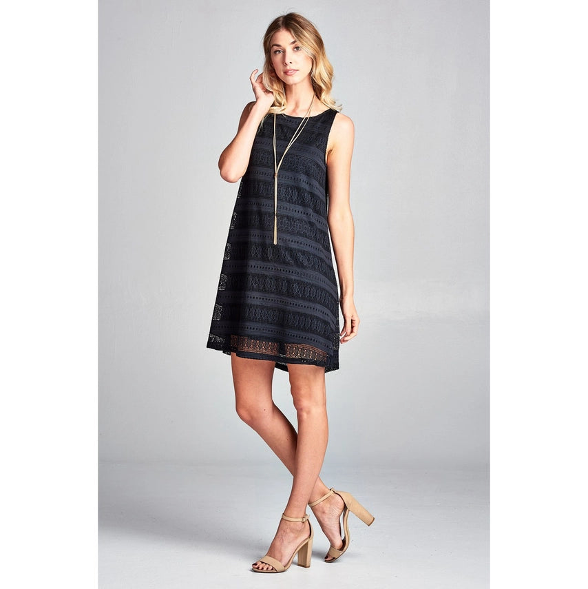 Diamond Pattern Lace Sleeveless Dress Black