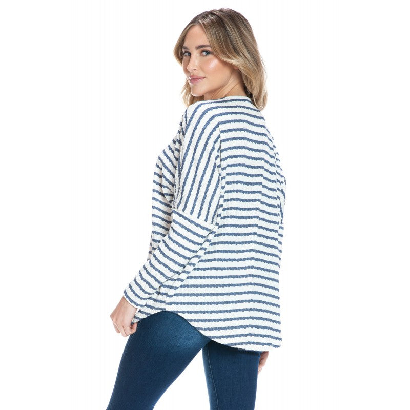 Dolman Zipper Top Denim Textured Stripe