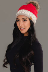 Square Pattern Knit Pom Hat Red