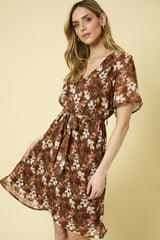Floral Waist Tie Vneck Mini Dress Brown + Ivory