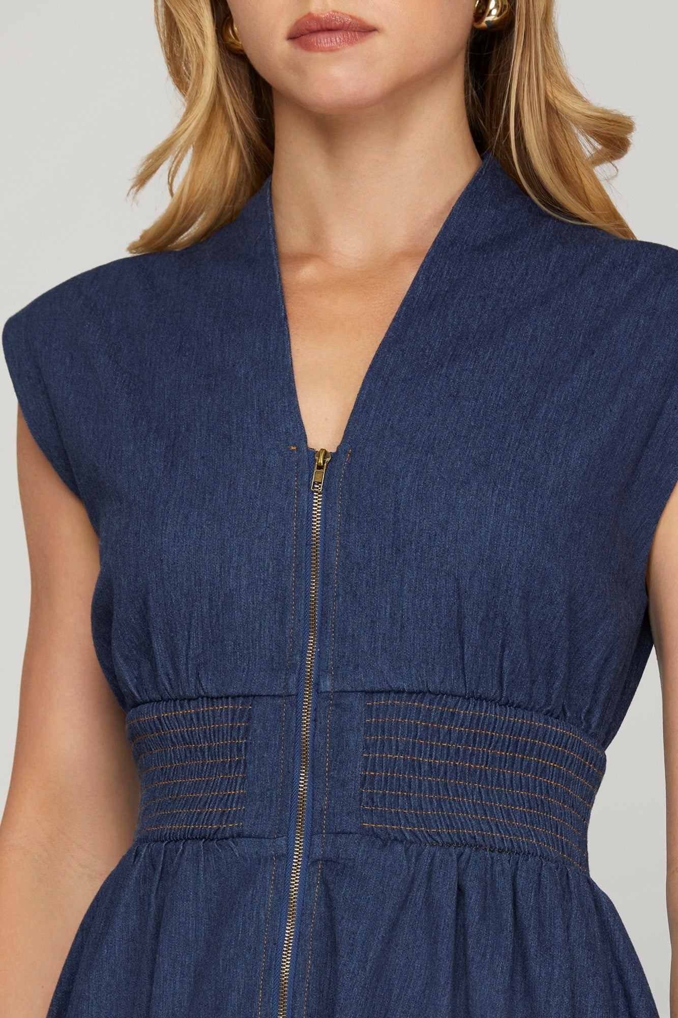 Smocked Waist Washed Denim Front Zip Midi Dress Denim Blue